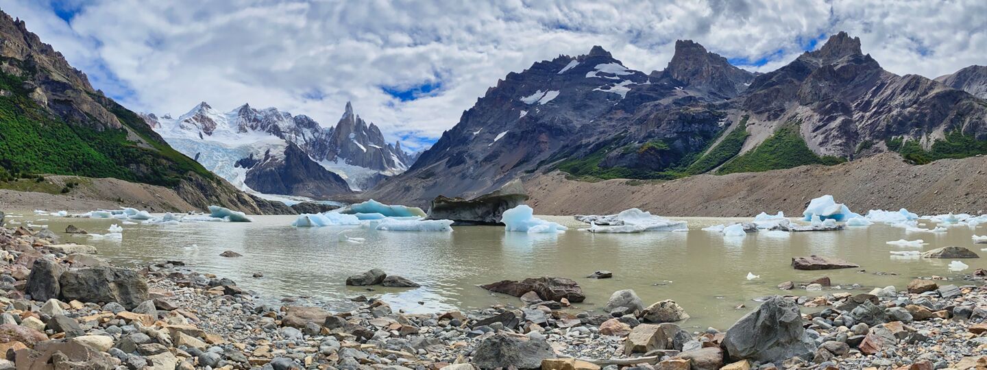 Icebergs in Laguna Torre, with Cerro Torre in the background
