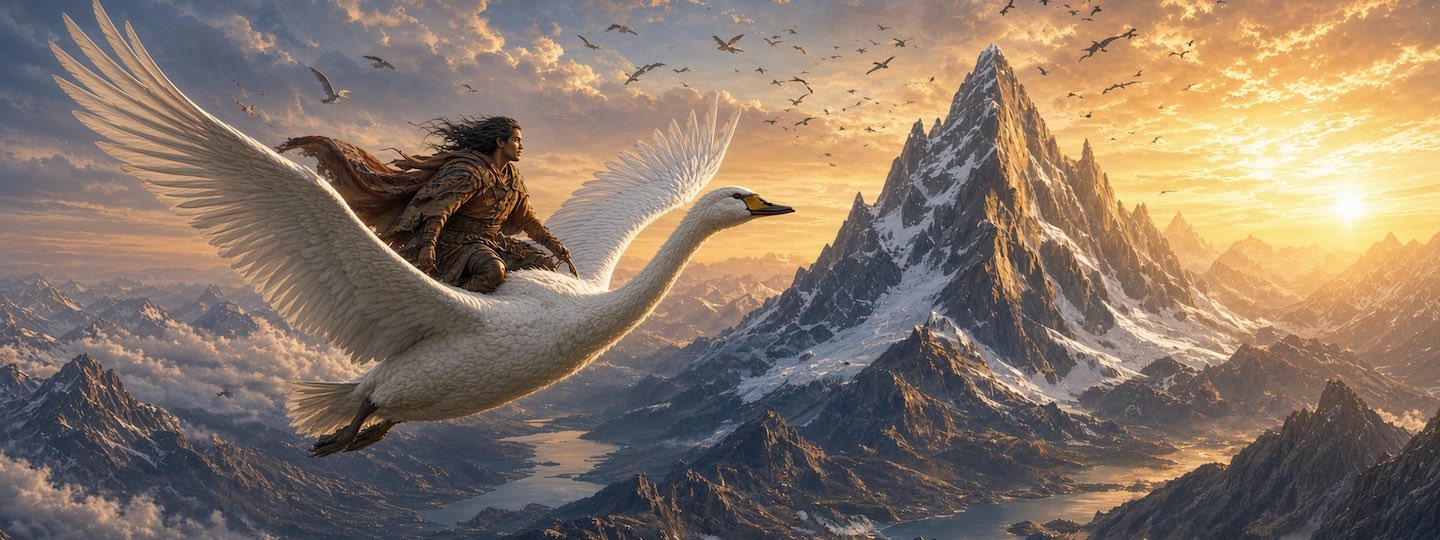 Elal vuela montado en el cisne Kóokne hacia las cumbres del cerro Chaltén, al atardecer